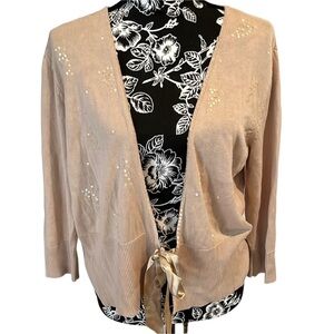 Apostrophe size XL nude cardigan with sequin detail ribbon tie at waist